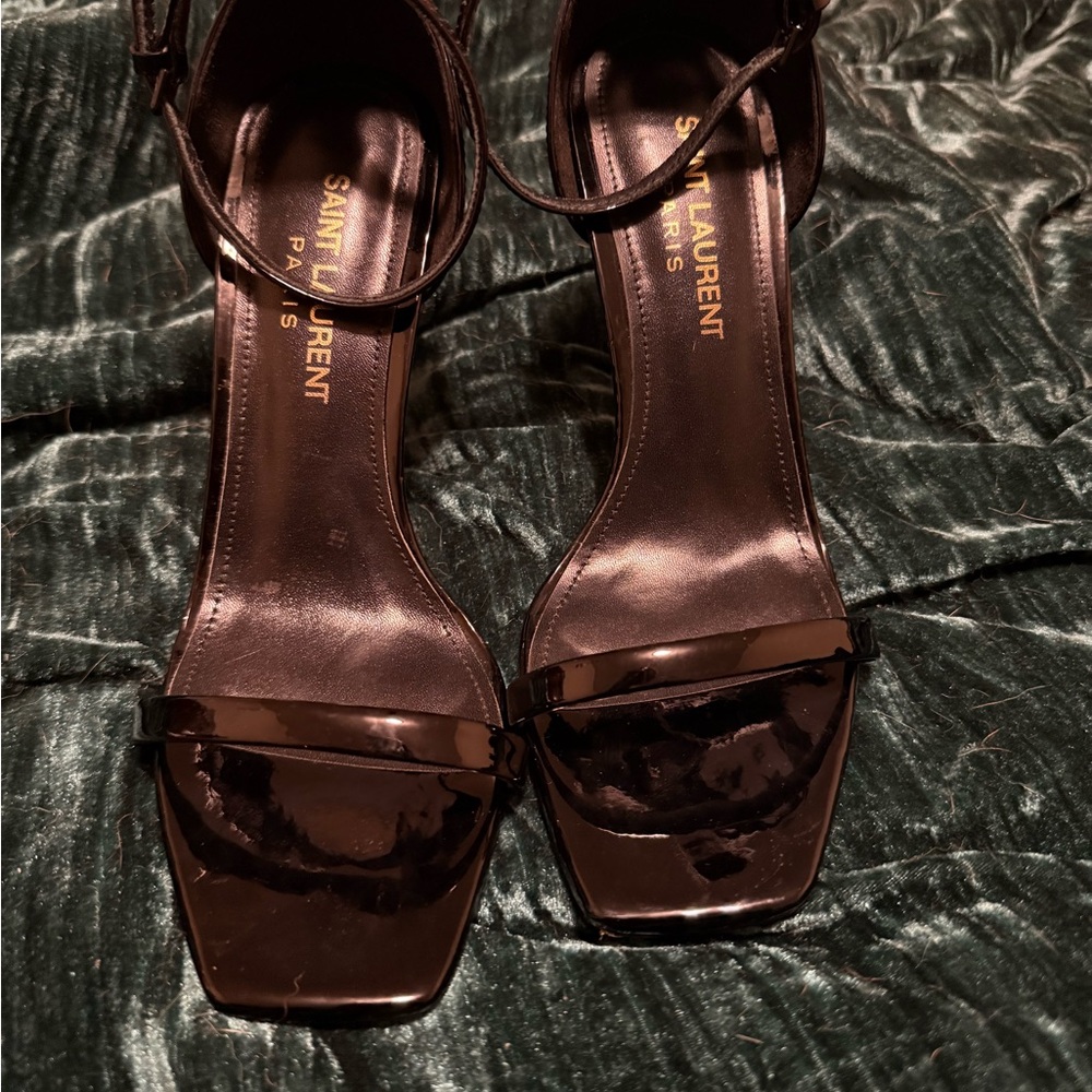 Yves Saint Laurent Black Heels with Gold Logo - Picture 2 of 4